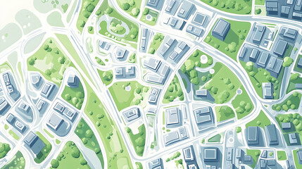 Aerial view of a city with parks, buildings, and roads.