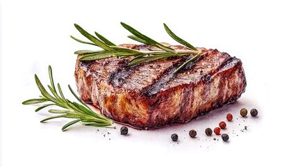 Grilled steak garnished with fresh rosemary and mixed peppercorns, white isolated background.