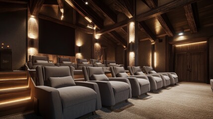 Modern rustic cinema room featuring wooden ceiling beams, cozy armchairs, and soft lighting, perfect for a warm, luxurious feel.