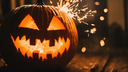 A vibrant, intricately carved Halloween pumpkin with a menacing grin glows warmly against a rustic backdrop, surrounded by colorful sparklers, creating a festive atmosphere.