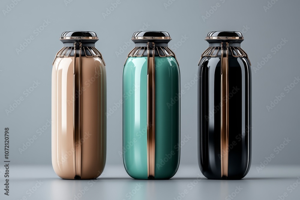 Poster 3d-rendered product design showcasing a modern water bottle, with sleek lines and a unique cap desig