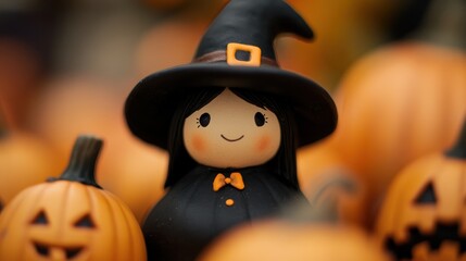 A whimsical little witch in a classic black dress and pointed hat stands among vibrant orange pumpkins, creating a festive autumn atmosphere perfect for Halloween promotions and decorations.