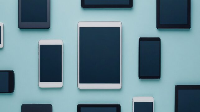 A collection of various smartphones and tablets arranged on a blue surface, showcasing modern technology and device diversity.