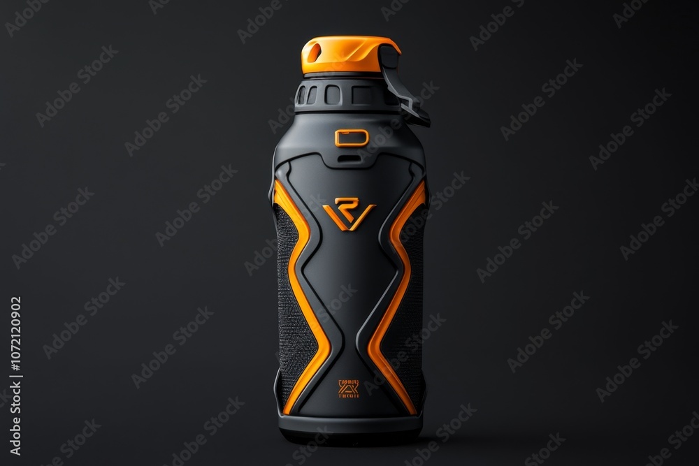 Poster 3d-rendered product design showcasing a modern water bottle, with sleek lines and a unique cap desig