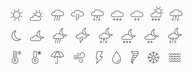 Fototapeta premium Weather flat line icons set isolated on white background. Clouds, wind, rain, sun, weather forecast, snow, moon, snowflakes and storm icon, infographic. Vector illustration