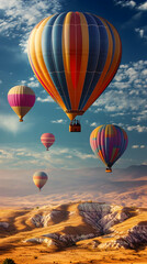 Fototapeta premium Colorful hot air balloons soar over a scenic landscape at sunset.