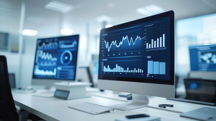 Naklejka premium Innovative office with financial charts of bond transactions and developmental milestones