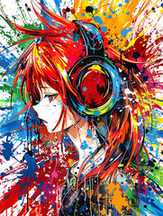 Vibrant Digital Art of an Anime Character with Colorful Splashes and Headphones in a Dynamic Composition Reflecting Youthful Energy and Passion for Music