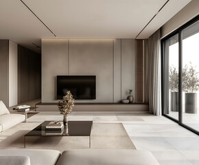 Aesthetic elegant minimalist modern interior design. Clear mock up empty wall for decoration in the apartment. Copy space in the room. Neutral palette of natural colors.