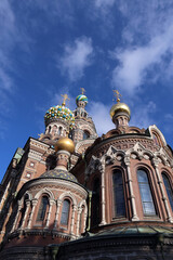 Domes and golden crosses of the Church of the Resurrection of Christ on Spilled Blood (Church of the Savior on Spilled Blood) in St. Petersburg, Russia