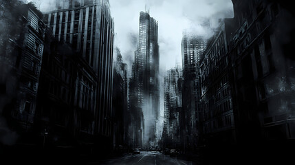 Gritty noir cityscape with towering skyscrapers and shadowy street misty cold sin city charcoal digital painting. Noir. Illustration