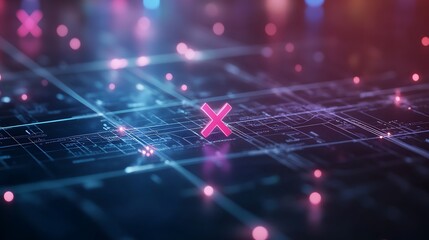 Fototapeta premium A red X symbol on a digital circuit board, with a glowing, futuristic background.