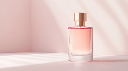 Naklejka premium A stylish perfume bottle with a golden cap is displayed elegantly, featuring a soft pink liquid inside against a light background.