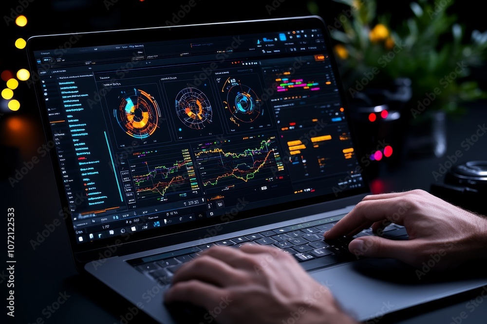 Poster a close-up of digital graphs on a laptop screen with hands typing, capturing a moment of real-time d