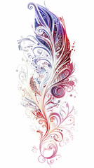 Ornate watercolor feather with floral patterns in shades of purple, red and blue on white background.