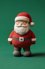 A small, red and white santa standing on a green background