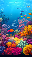 Naklejka premium Vibrant coral reef teeming with colorful fish in clear blue water.