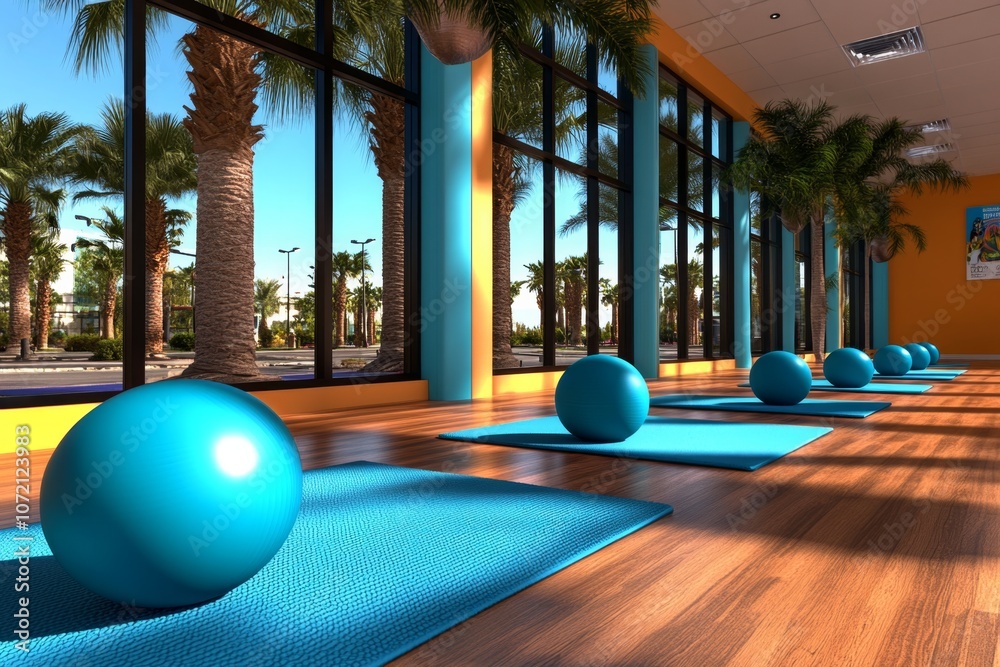 Poster A digital 3D illustration of a yoga class in a serene studio with light streaming through large windows