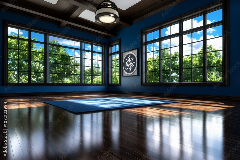 Poster A digital 3D illustration of a yoga class in a serene studio with light streaming through large windows