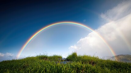 Naklejka premium Two distinct rainbows arching across the sky, with the secondary rainbow displaying reversed colors, creating a rare and captivating phenomenon.