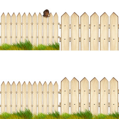 a set of wooden fences and fences made of light brown wood, highlighted on a white background