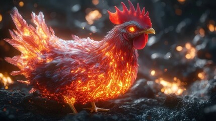Fototapeta premium A fiery rooster with glowing eyes stands on a bed of glowing embers.
