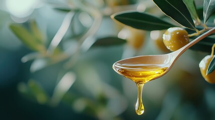 Spoonful of olive oil drips from a tree branch. The spoon is wooden and the oil is golden