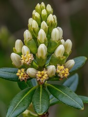 Obraz premium A close-up of a flowering plant with white and yellow blossoms and green leaves.