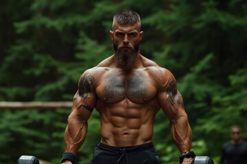 A fantasy-inspired fitness scene where a warrior trains with enchanted weights in a magical forest