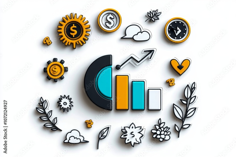 Poster a flat, colorful illustration of a bar graph and pie chart with playful lines, on a clean white back