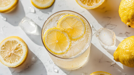 Top view of a glass of lemon water with lemon slices and ice cubes, set on a marble surface in bright sunlight.
