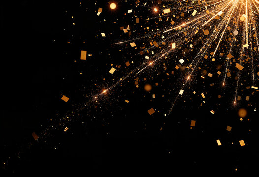 AI Images, Mix of golden firework and confetti on a black background, for New Year's Eve.