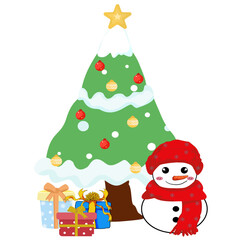 christmas tree with gifts and snowman
