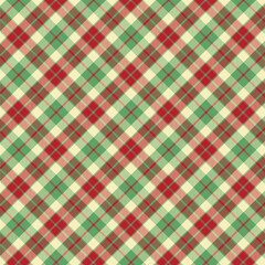 Plaid with twill weave repeat pattern.Gingham seamless pattern in green red beige.Checkered tartan Geometric graphic vector illustration background design for fabric and print.