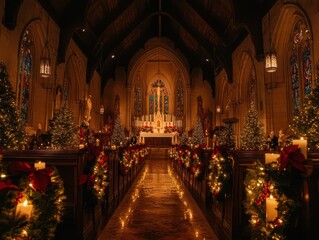 Elegant church Christmas decor: classic holiday decorations with wreaths, candles, warm lighting, serene and reverent atmosphere, rich colors, timeless church setting
