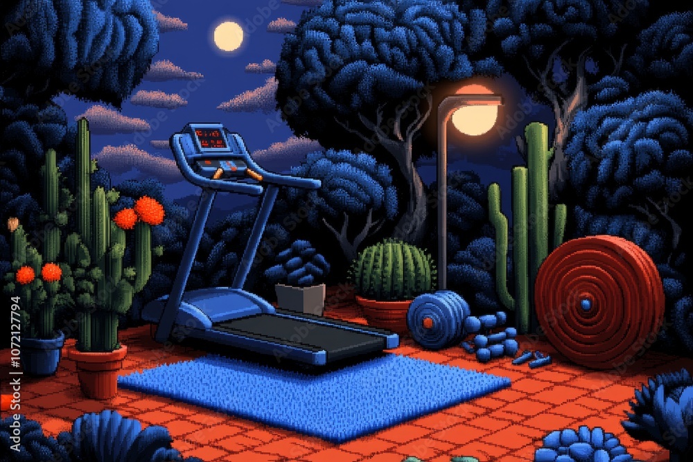 Poster A pixel art representation of a gym with tiny characters lifting weights, running on treadmills, and doing yoga, styled like a retro video game