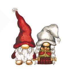 Vector freehand stylized watercolor illustration of cute scandinavian Christmas gnomes. Hygge xmas watercolor hand drawn.