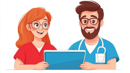 Smiling doctor and nurse look at tablet.