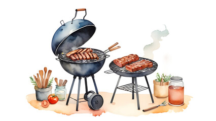 バーベキューの水彩画風イラスト
