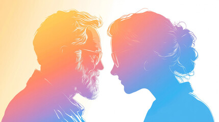 A man and a woman face each other, their silhouettes highlighted in a vibrant color gradient.