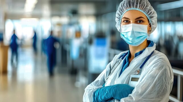 Confident healthcare professional in scrubs and mask, Public event with biosecurity screening measures, ensuring safety and rapid response.