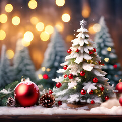 Festive Decor With Snow-Covered Christmas Tree And Glittering Ornaments