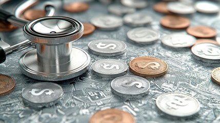 Obraz premium A stethoscope placed on a surface covered with various coins representing the intersection of health and finance.