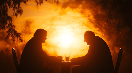 Silhouettes of a couple enjoying a warm drink together at sunset.