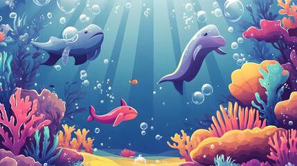 Fototapeta premium Underwater scene with a whale, a dolphin, and a small fish swimming over coral reef.