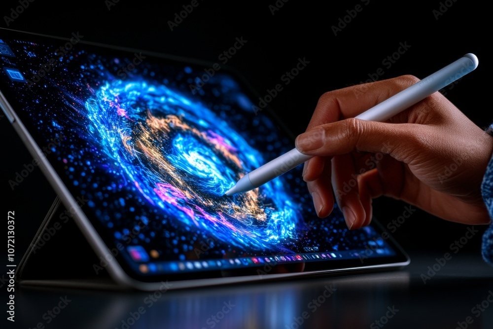 Poster Close-up of a designerâ€™s hand holding a stylus while creating digital art on a tablet