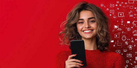 Naklejka premium A cheerful young woman holding a smartphone and surrounded by digital media icons, with copyspace 