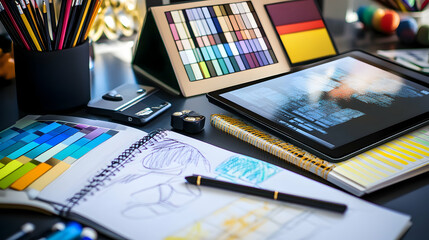 A designer's desk with a tablet, color swatches, and a notebook.