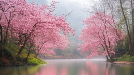 Pink Blossom Trees Reflecting on a Misty Lake