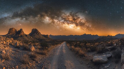Obraz premium A dirt road leads through a desert landscape with a stunning view of the Milky Way.